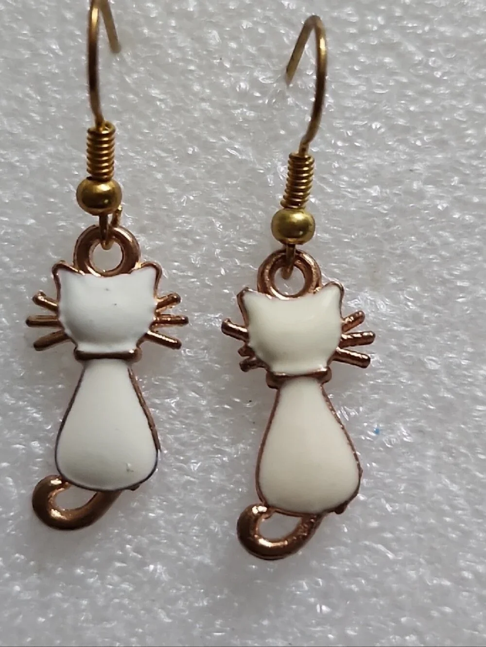 Hand Crafted White and Gold Cat Dangle Earrings